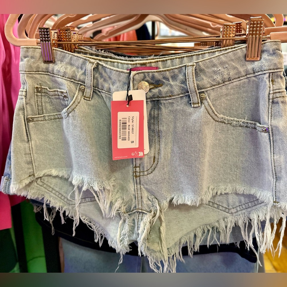 Edikted Light Blue Distressed Denim Jean Shorts